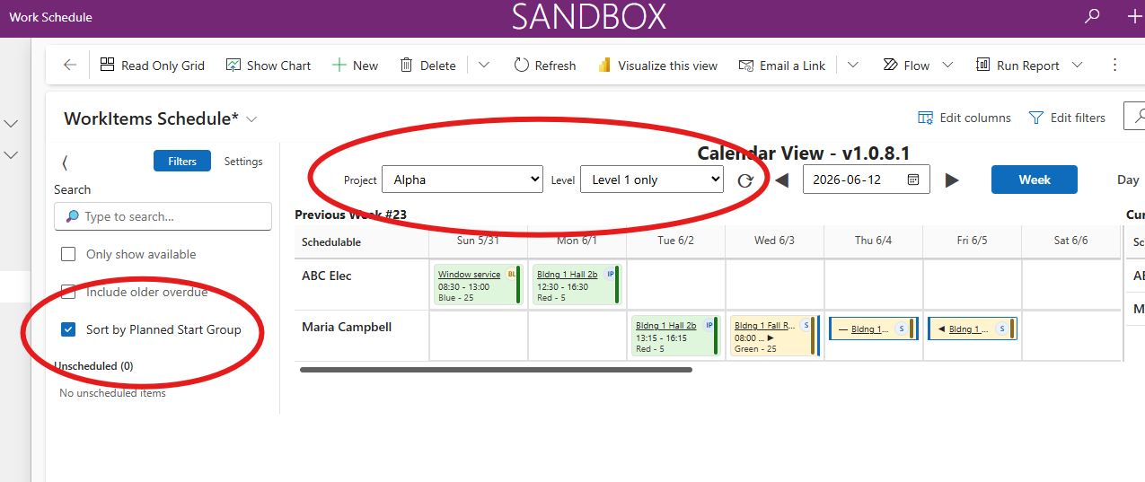 ScheduleBasic PCF control in Week view with filters by Project and Level