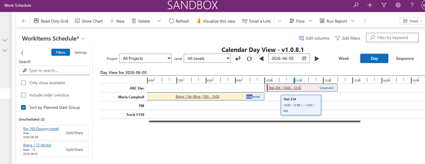 ScheduleBasic PCF control in Day view showing reschedule timeslot with drag and drop