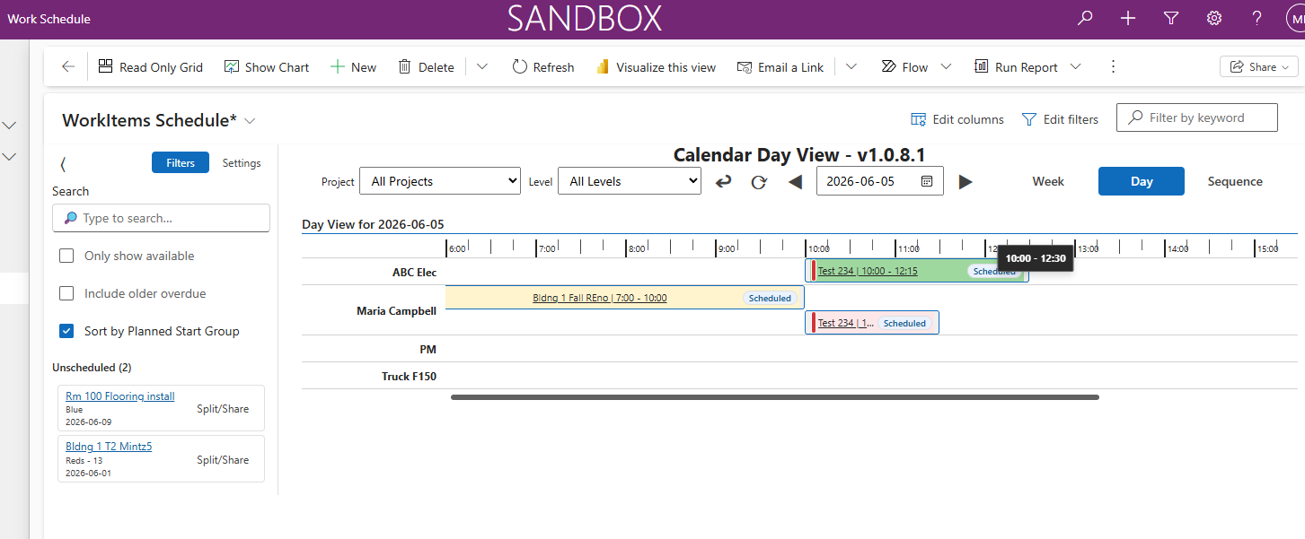 ScheduleBasic PCF control in Day view showing drag Start or End time changing duration