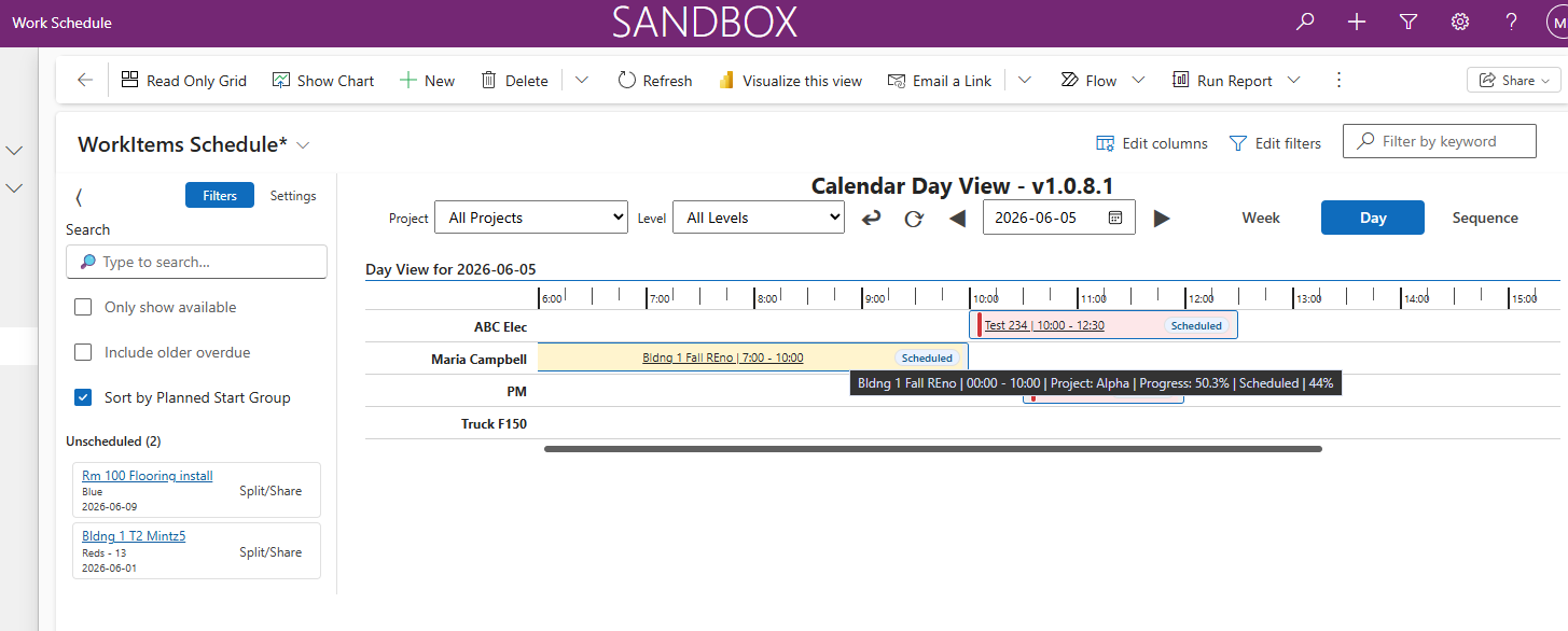 ScheduleBasic PCF control in Day view showing hover tooltip