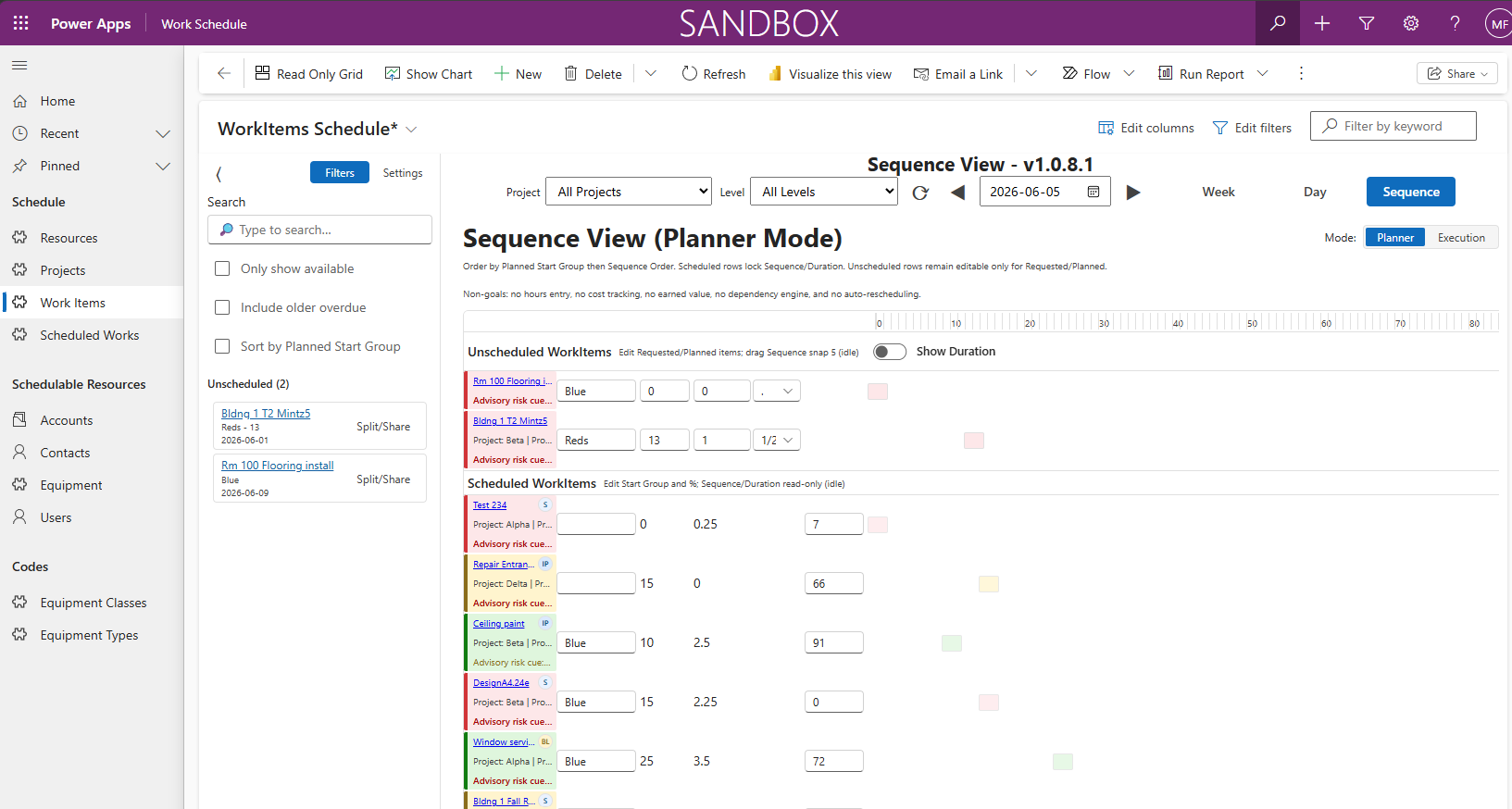 ScheduleBasic PCF control in Planner Sequence view to set task sequences and durations