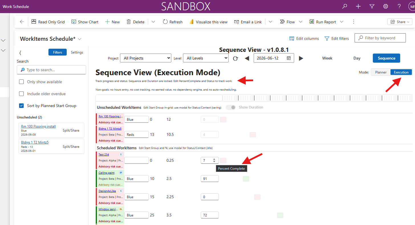 ScheduleBasic PCF control in Planner Sequence view in Execution mode to update Progress and Status