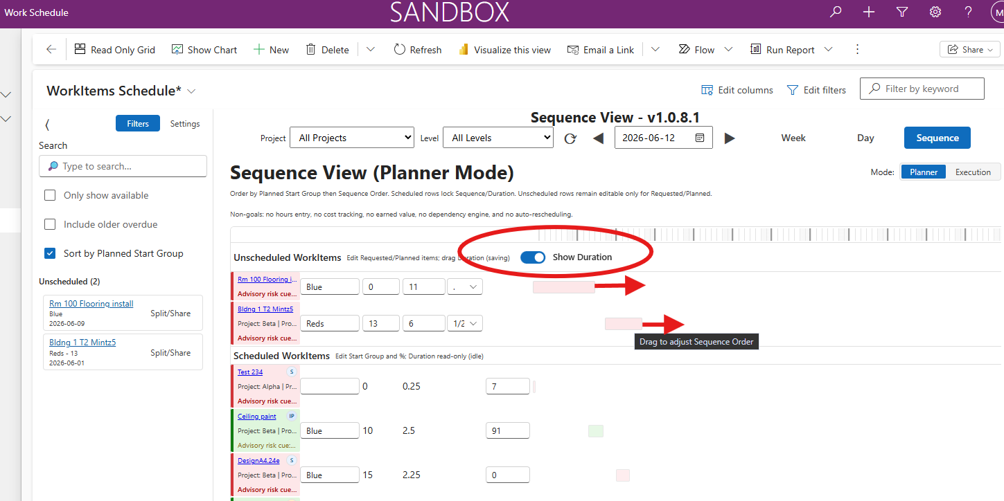 ScheduleBasic PCF control in Planner Sequence view to set task durations using drag-and-drop