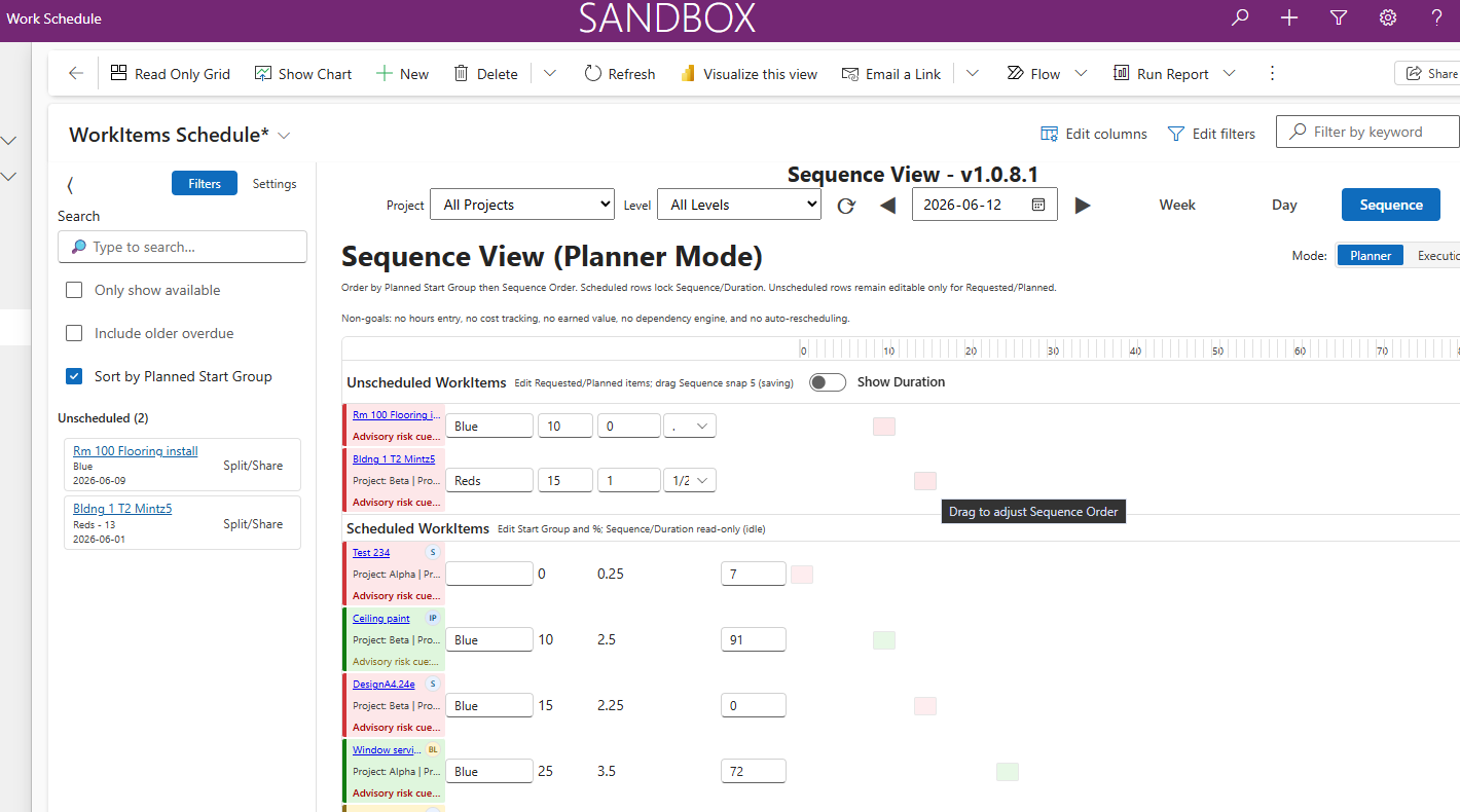 ScheduleBasic PCF control in Planner Sequence view to set task sequences using drag-and-drop