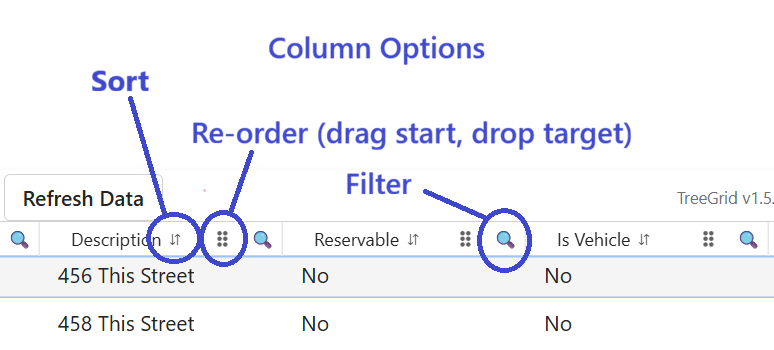 TreeGrid PCF column configuration and header options for customizing grid display