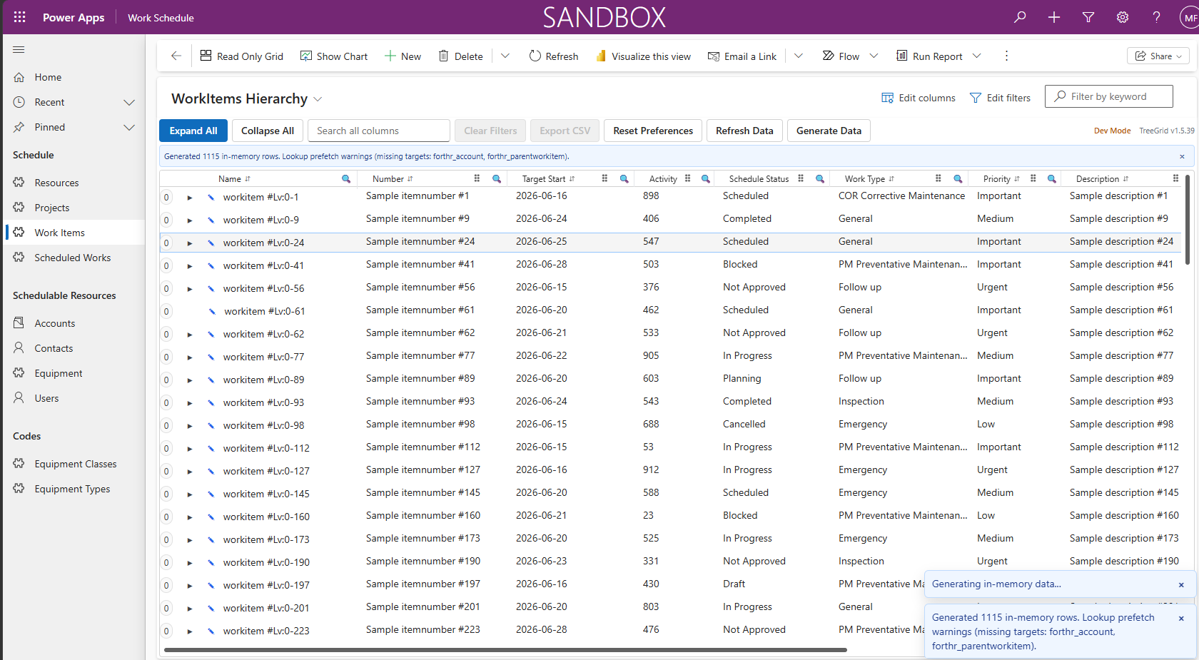TreeGrid PCF development mode showing advanced configuration and debugging options