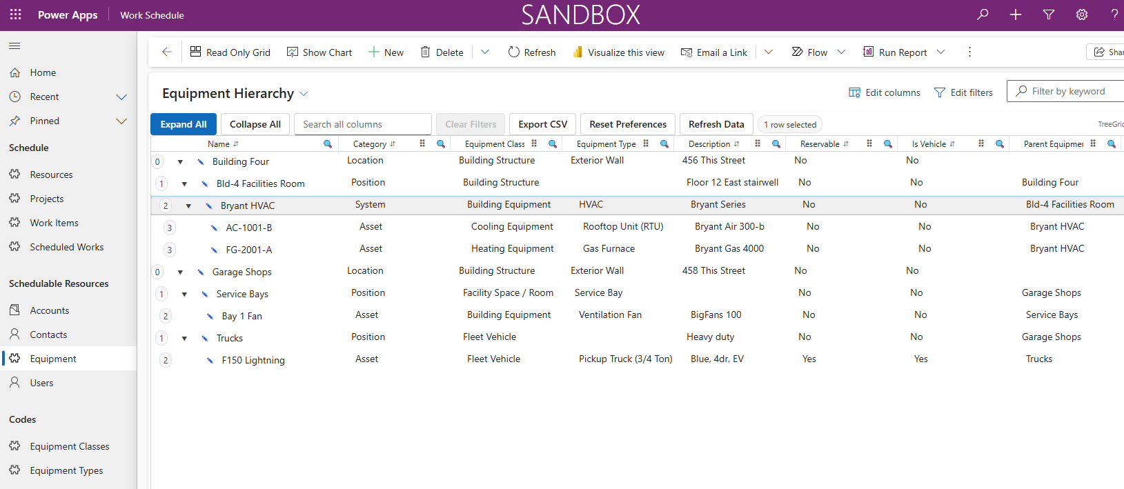 TreeGrid PCF control showing hierarchical equipment structure in Power Platform or Dynamics 365