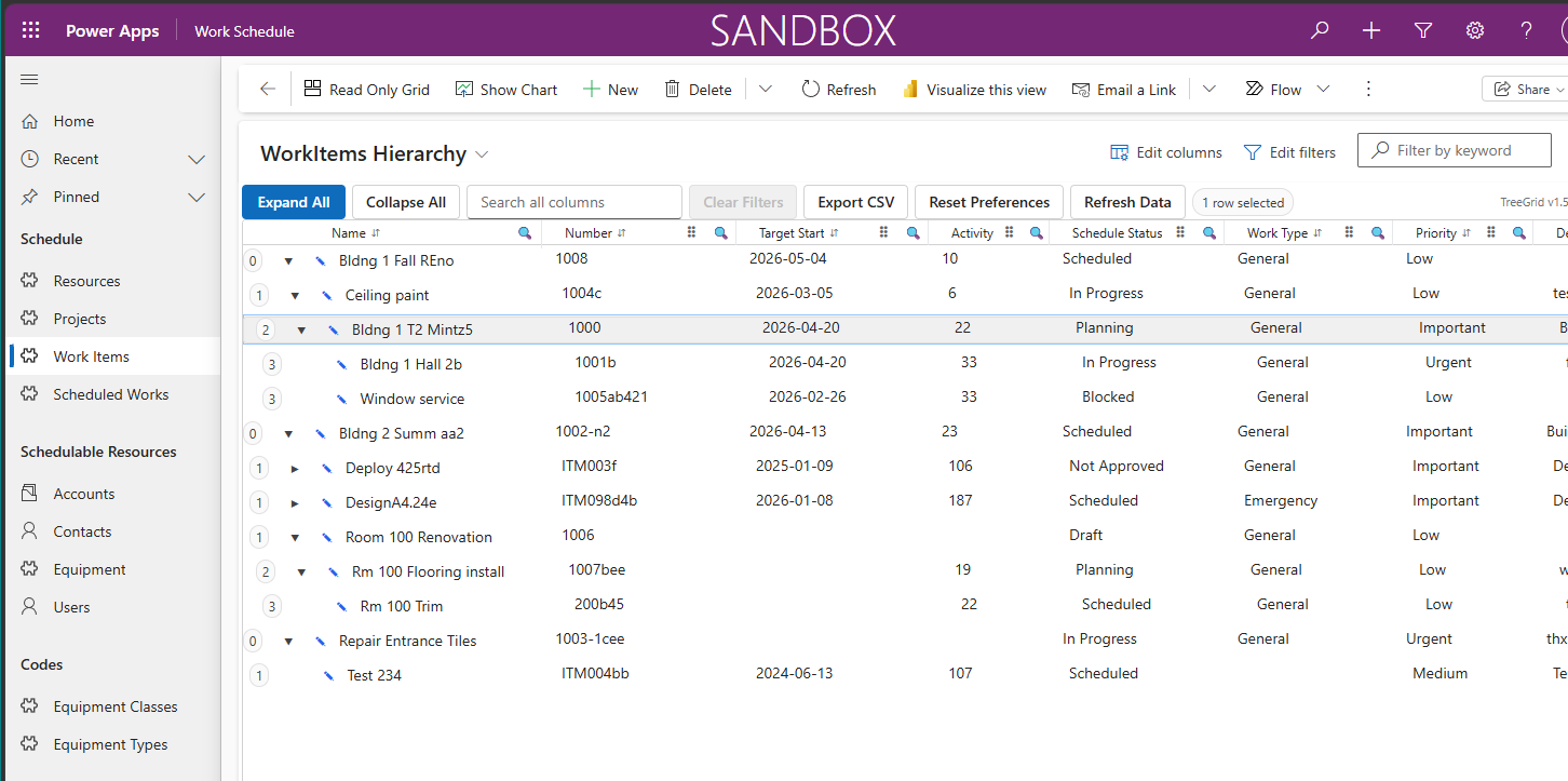 TreeGrid PCF control showing hierarchical work items and task planning in Power Platform or Dynamics 365