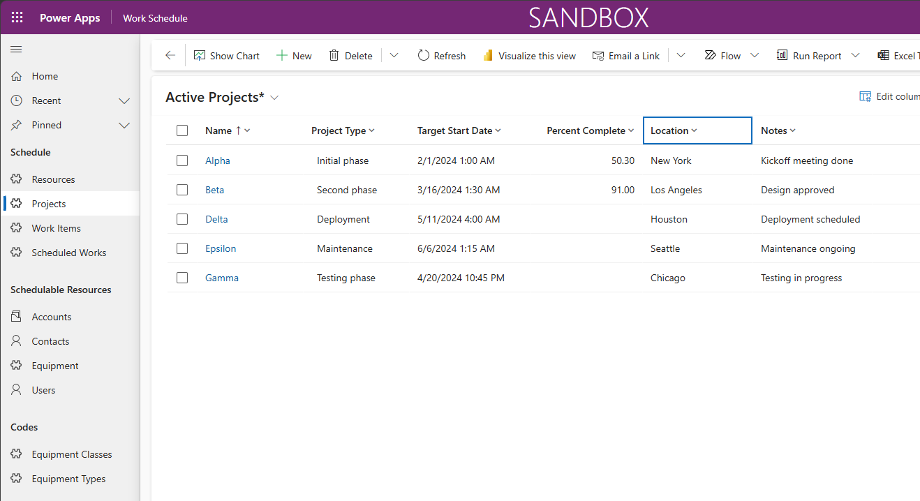 Work Plan Project list. Solution runs in Power Platform or Dynamics 365